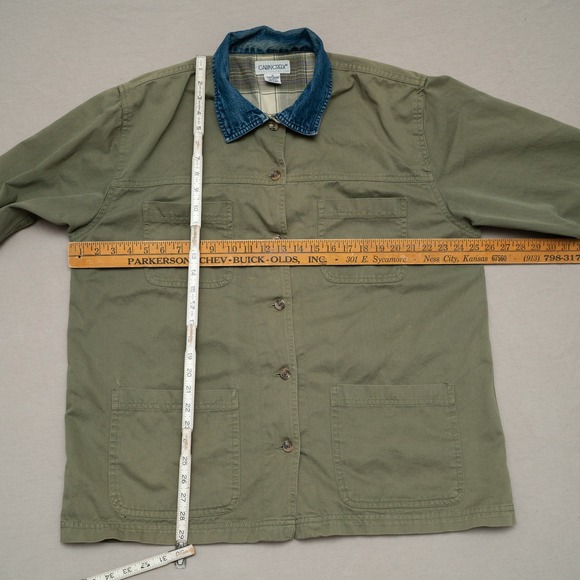 Vintage 80s 90s Olive Green Chore Barn Coat Denim Collar Flannel Lined Womans XL - Picture 2 of 6